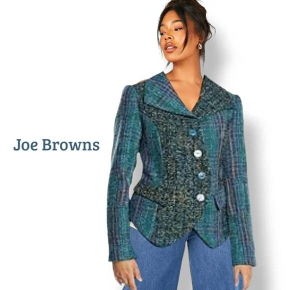 Joe Browns Blue Tweed Boucle Toro River Jacket patchwork plaid mixed print US 14 - Picture 1 of 13